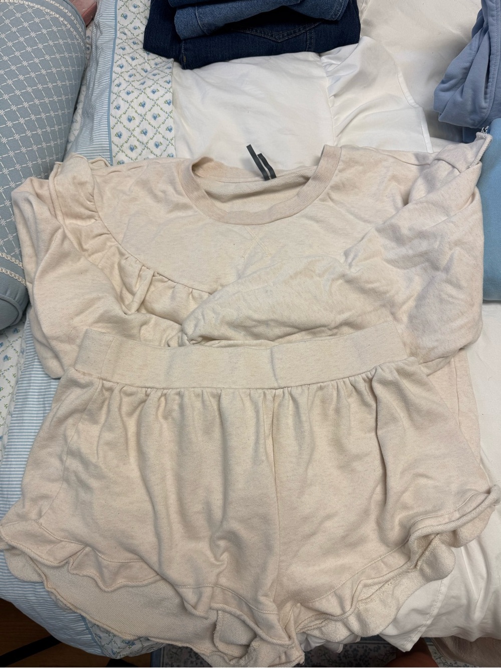 Anthropologie Cream Ruffle Lounge Set